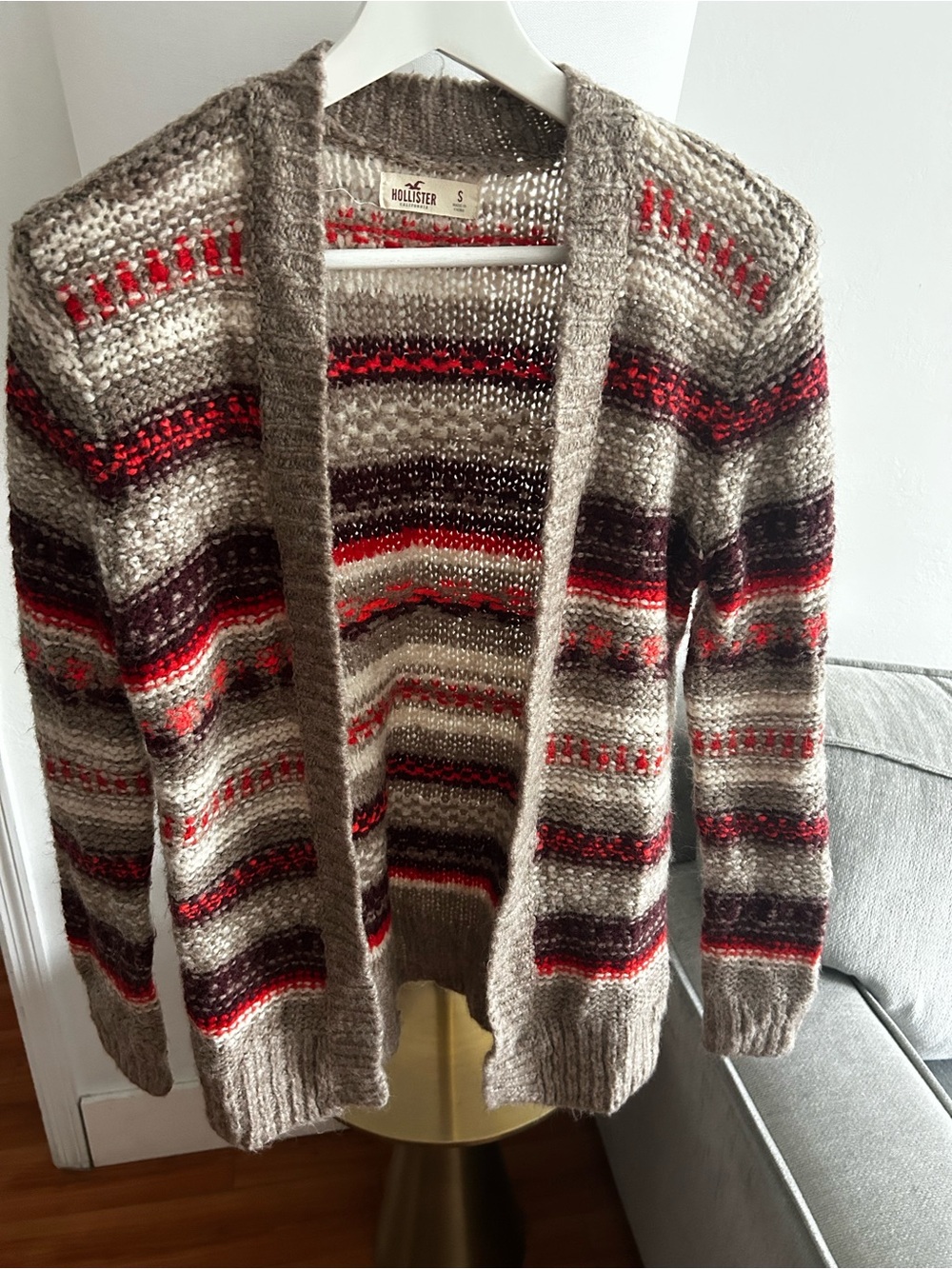 Hollister Women's S Open Cardigan Eclectic Grandpa Brown Striped Wool Blend fall